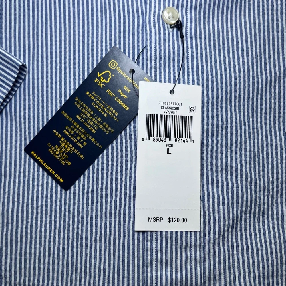 Polo Ralph Lauren Button Down Mens L Blue New Seersucker Stripe Classic Fit